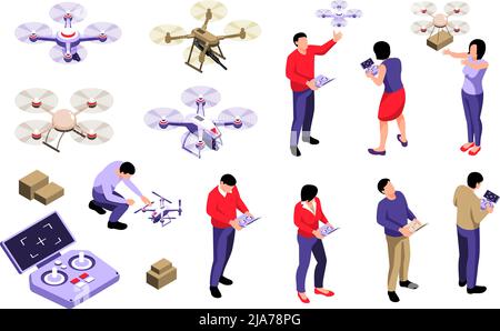 Isometric drone operator set of isolated human characters with remote devices and quadcopter drones with joysticks vector illustration Stock Vector