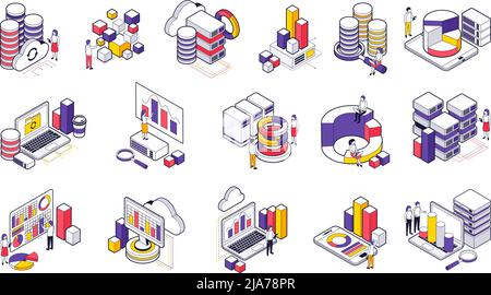 Data analysis isometric icons set illustrated cloud exchange of digital big data by network technologies isolated vector illustration Stock Vector