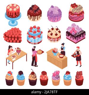 homemade dessert isometric set of cakes muffins cookies decorated with berries and chocolate isolated vector illustration Stock Vector