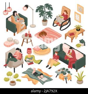 Cozy home isometric icons set with furniture decoration and human characters isolated on white background vector illustration Stock Vector