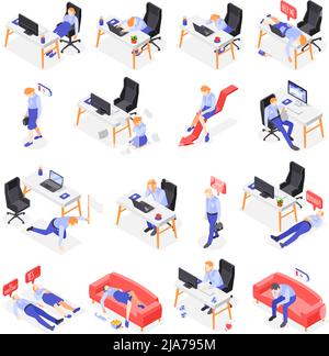 Burn-out syndrome isometric icons set with work symbols isolated vector illustration Stock Vector