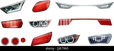 Realistic car headlights realistic icon set front and rear lights in red and white vector illustration Stock Vector