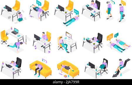 Burn out syndrome isometric icons recolor set of isolated icons with workers office workplaces with computers vector illustration Stock Vector