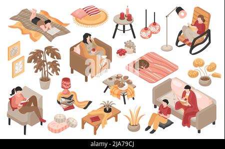 Isometric cozy home icon set rest on the couch with cup of drink or with book vector illustration Stock Vector
