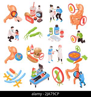 Isometric gastroenterology icons set with gastrointestinal tract organs treatment patients and doctors 3d isolated vector illustration Stock Vector