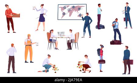 Migrant workers with suitcases teacher builder farmer flat icons set isolated on white background vector illustration Stock Vector