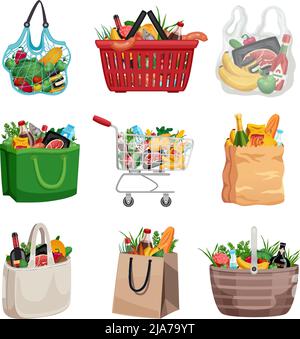 Shopping bag colored set of paper plastic and textile bags basket and cart filled to top with food isolated vector illustration Stock Vector