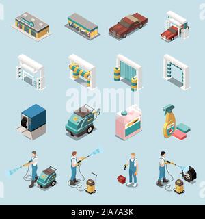 Car wash staff building tools for cleaning vehicle isometric icons set 2d isolated vector illustration Stock Vector