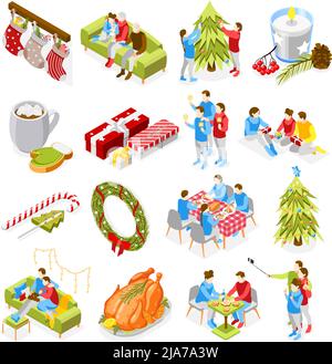 Christmas mood accessories menu isometric icons set with family decorating firtree wrapped presents roast turkey vector illustration Stock Vector