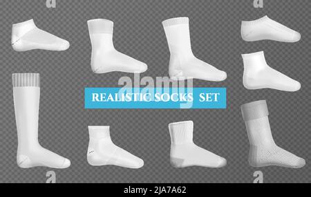Gray and white sock realistic layouts of different types for sports and every day on transparent background isolated vector illustration Stock Vector