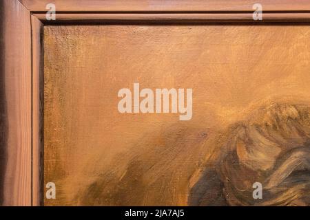 Frame wooden pattern sample with canvas brown vintage abstract design fragment painting element background. Stock Photo