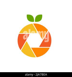 Orange, tangerine minimal abstract logo. Geometric yellow, orange icon with leaves. Juice, jam symbol. Vector illustration Stock Vector