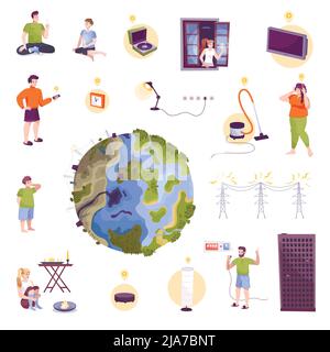 Flat isolated electricity icon set different things equipment and devices describing ecology and the earth reducing energy consumption vector illustra Stock Vector