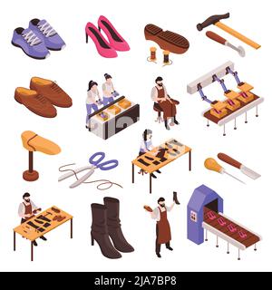 Shoes repair manufacturing process isometric set with shoemaker traditional craftsman tools modern footwear production line vector illustration Stock Vector