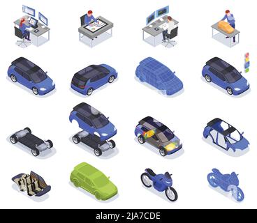 Car designer profession isometric icons set isolated vector illustration Stock Vector
