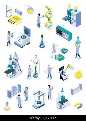 Isometric science laboratory color icon set with instruments from the science lab staff microscopes and devices for experiments vector illustration Stock Vector