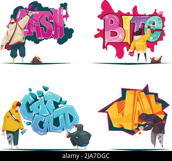 Street artists graffiti painting white walls using spray stencils charcoal 4 bright cartoon compositions set vector illustration Stock Vector