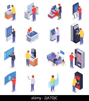 Isometric interfaces icons set with people using self checkout turnstile virtual screen atm smart speaker isolated vector illustration Stock Vector