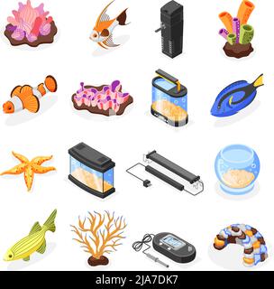 Aquarium equipment fish starfish corals isometric icons set isolated vector illustration Stock Vector