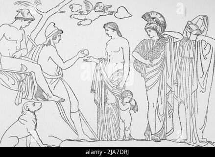 The Judgment of Paris, c1792. By John Flaxman (1755-1826). The Judgement of Paris is a story from Greek mythology. It was one of the events that led up to the Trojan War and in later versions of the story to the foundation of Rome. An illustration from the Iliad. The Iliad is an ancient Greek epic poem in dactylic hexameter, traditionally attributed to Homer. Stock Photo