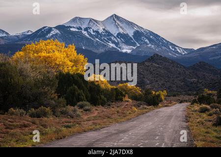Autumn drive on the La Sal Mountain Loop Raod near Moab, Utah Stock Photo