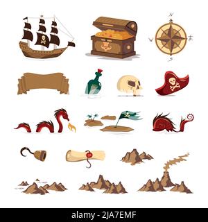Pirate treasure set of compass hand hook wooden chest floating bottle skull sailboat with black sail isolated vector illustration Stock Vector