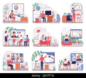 Online education compositions set with people of different age studying on computers flat isolated vector illustration Stock Vector