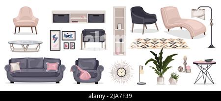 Furniture interior color set of isolated icons with designer furniture images with lounge chairs shelves tables vector illustration Stock Vector