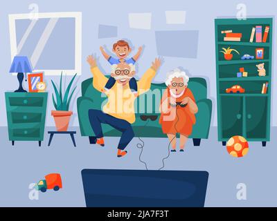 Happy grandparents entertaining grandson playing virtual games online together sitting home on sofa cartoon composition vector illustration Stock Vector