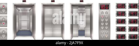 Elevator door set with realistic images of automatic doors with buttons panel and screens with digits vector illustration Stock Vector
