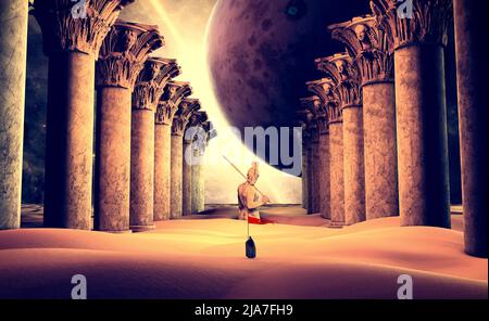 Fantasy landscape, medieval warrior surrounded by ruins of other times, lost worlds, statue of a warrior with spear and columns. Desert and sand dunes Stock Photo