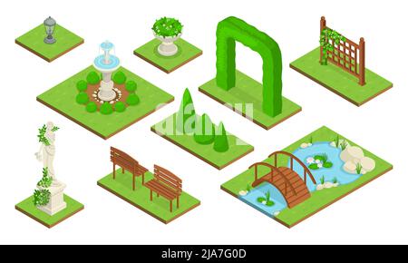 Isometric landscape design park icon set with an arch of greenery on the lawn a beautiful statue benches a small pond and a bridge fountain on the law Stock Vector