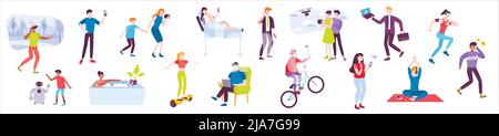 Flat icon set with people using laptop segway headphones drone tablet playing with robot on white background vector illustration Stock Vector