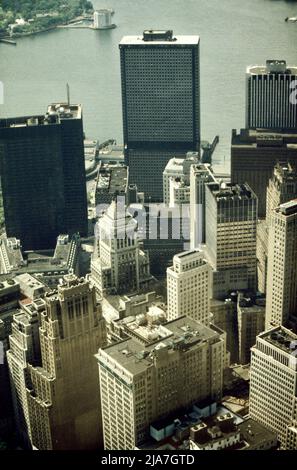 Downtown Wall street area seen from the observation deck of World Trade Center during the summer of 1977.  New York City Stock Photo