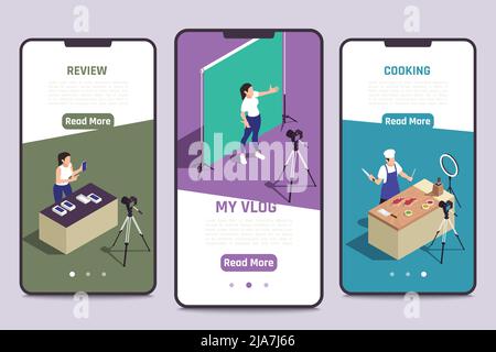 Blogger mobile device video editing apps 3 isometric smartphone screens with cooking vlogger presentation review vector illustration Stock Vector