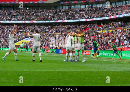 Wembley, London, UK.   28th May 2022; Wembley Stadium, London, England, EFL League 2 Play-Off final, Mansfield Town versus Port Vale: James Wilson of Port Vale celebrates his goal with his team mates in the 21st minute for 0-2. Strictly Editorial Use Only. No use with unauthorized audio, video, data, fixture lists, club/league logos or 'live' services. Online in-match use limited to 120 images, no video emulation. No use in betting, games or single club/league/player publications Credit: Action Plus Sports Images/Alamy Live News Stock Photo