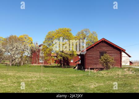 DALARNA, SWEDEN ON MAY 16, 2022. View of old red wooden buildings, and farmland in the Swedish landscape. Editorial use. Stock Photo