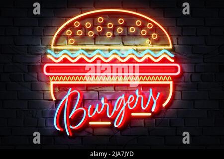 Burgers Neon Sign on a dark wall Stock Photo