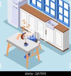 Early morning awakening isometric background with sleepy female character pouring coffee into cup from coffee pot vector illustration Stock Vector