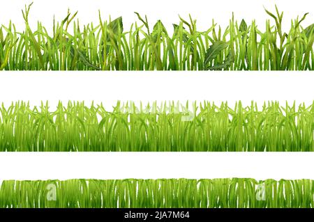 Set of three realistic horizontal seamless borders with green grass isolated vector illustration Stock Vector