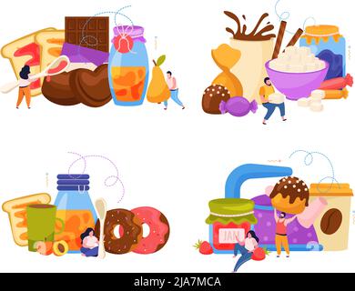 Jam production set of four flat compositions with people and sweet donuts pancakes made with jam vector illustration Stock Vector