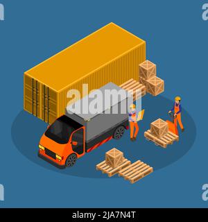 Warehouse isometric composition with view of container with truck and workers moving freight boxes on pallets vector illustration Stock Vector