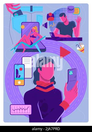 People with foldable phones, concept illustration, man and woman, beach, office, outddor location, smartphones at work leisure and communication Stock Vector