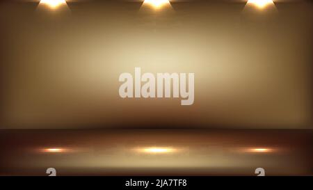 3D empty elegant golden studio room background with spotlight on stage background. Display your product or artwork luxury style. Vector illustration Stock Vector