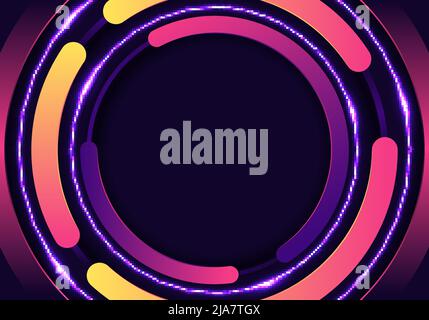 3D bright color circles rounded pattern with glowing neon lighting decoration on black background. Vector illustration Stock Vector