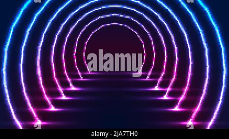 Abstract glowing neon lighting rounded tunnel walkway technology futuristic retro style. Vector illustration Stock Vector