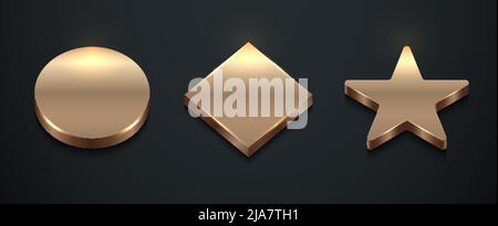 Set of realistic 3D golden geometric circle, square and star shapes object on black background luxury style. Collection badge, lable,  price tag,  ped Stock Vector
