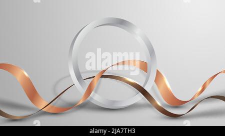 3D realistic silver ring with golden ribbon elements on white background luxury style. Vector illustration Stock Vector