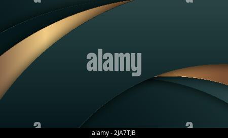 Abstract 3d luxury style green and golden curved stripes overlapping layers on dark green background luxury style. Vector illustration Stock Vector