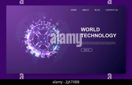 Gear 3d low poly website template. Technology design illustration concept. Polygonal Gear wheel symbol for landing page, advertising page. Stock Vector